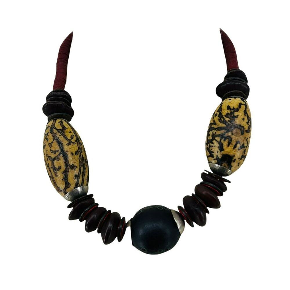Vintage Tribal Disc And Wood Tribal Necklace
